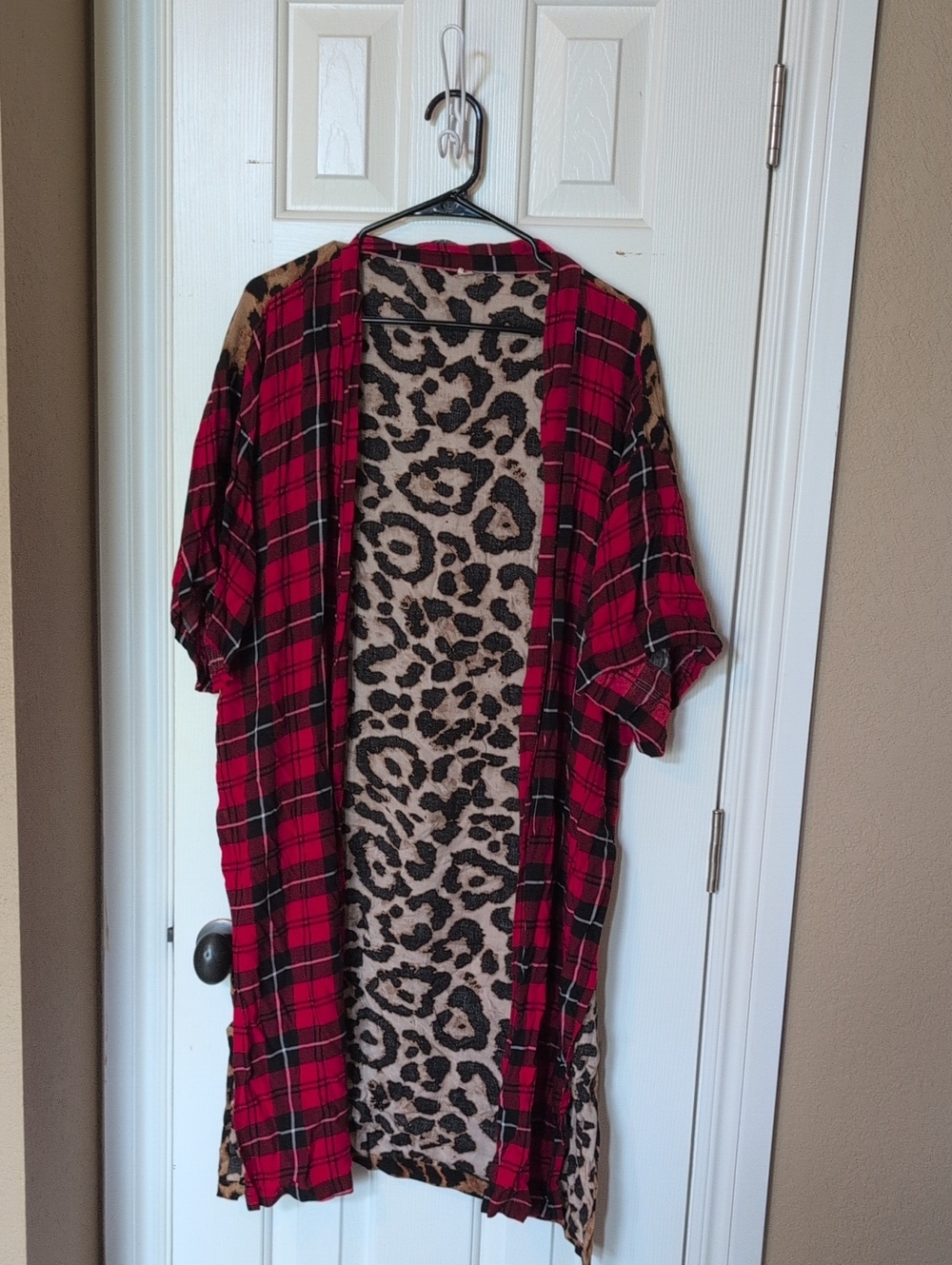 Plaid & Leopard Mixed Print Open Cardigan - Red, Black, Tan